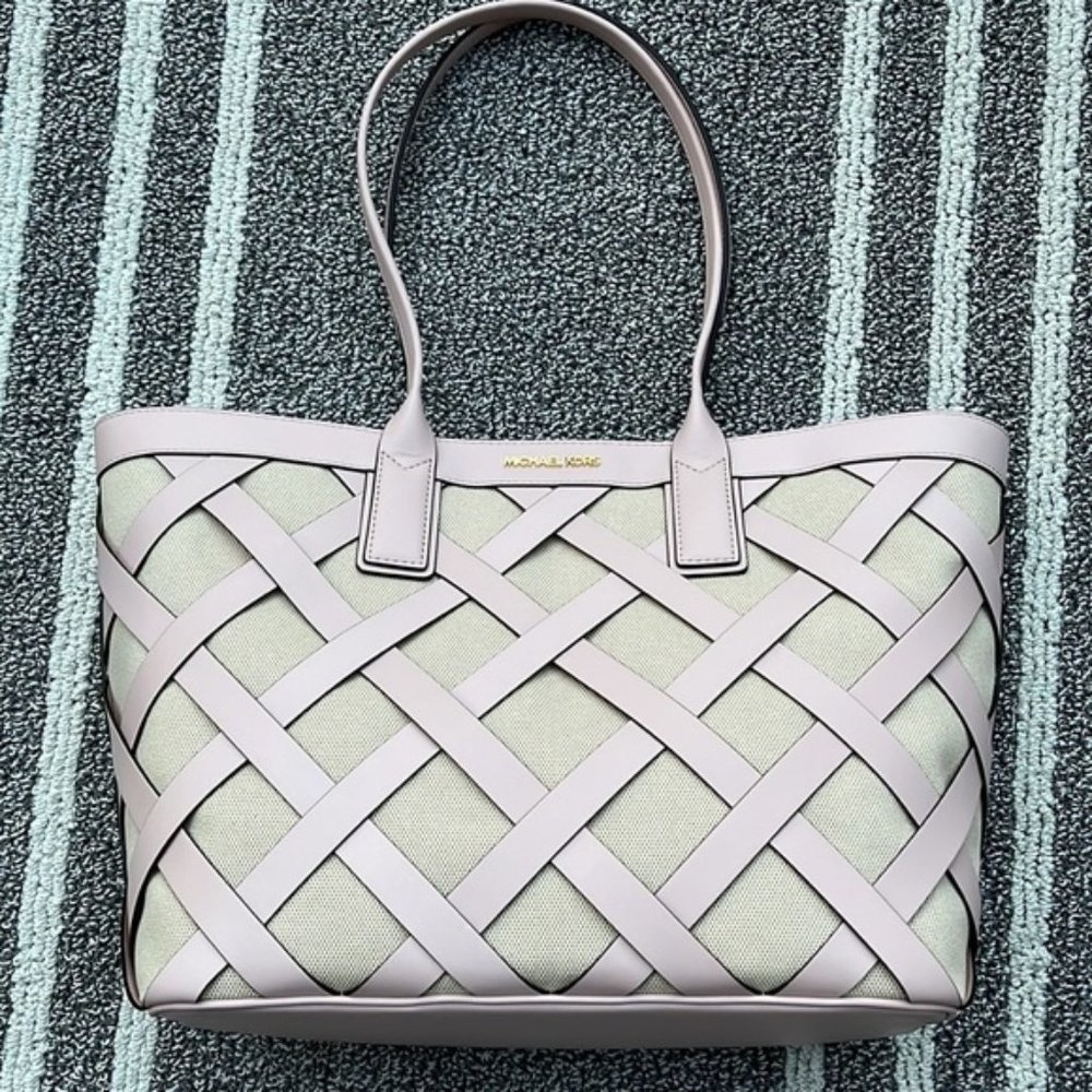 Michael Kors Sienna Large Tote Shoulder Bag Powder Blush Leather Canvas - Picture 2 of 16